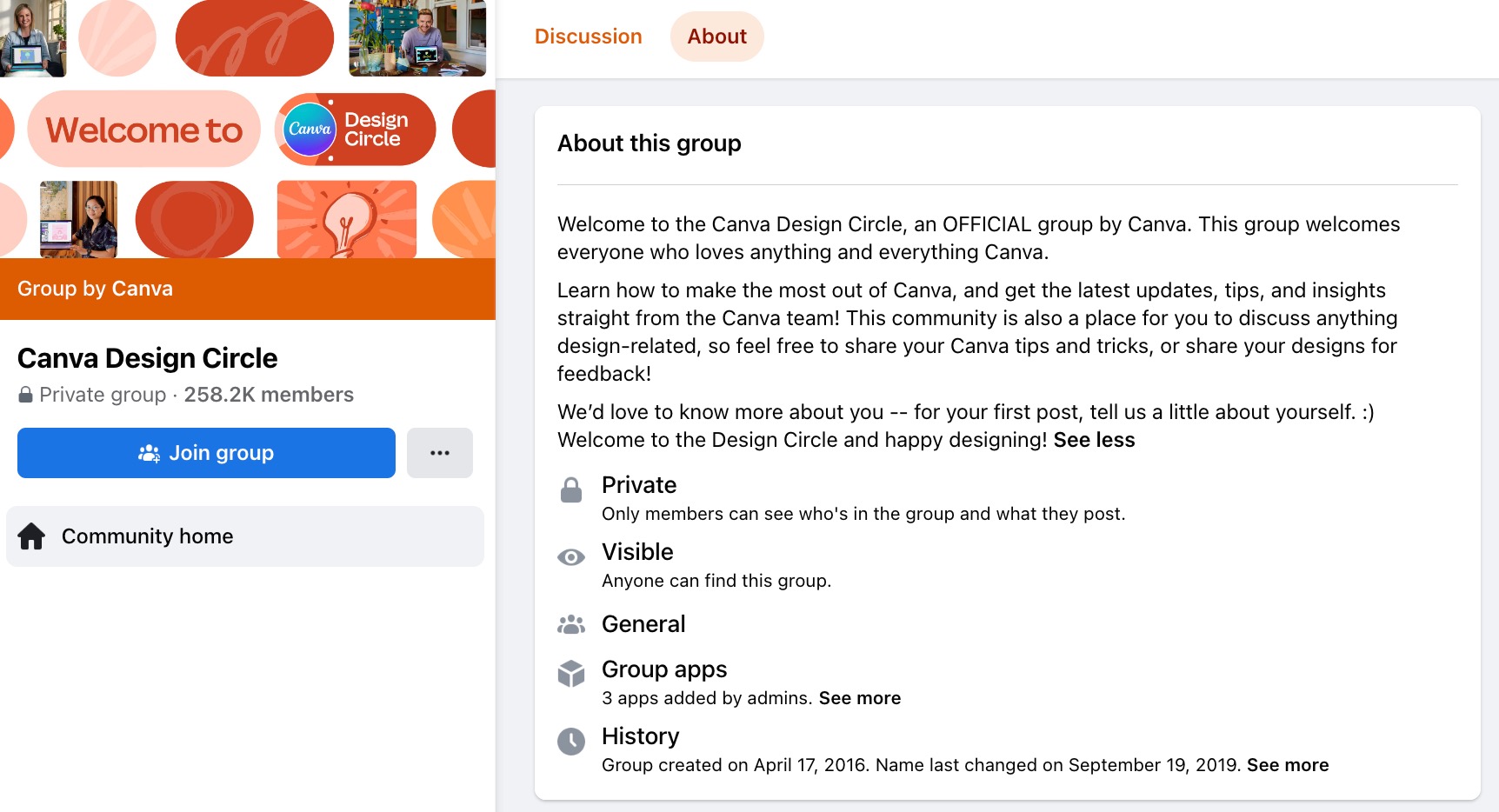 Canva Design Circle Facebook群组的截图，“About”标签打开。他们的“关于”部分描述了小组的目的和规则。