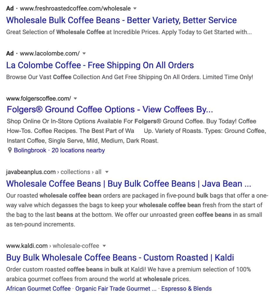 当你搜索咖啡粉时，谷歌搜索结果。