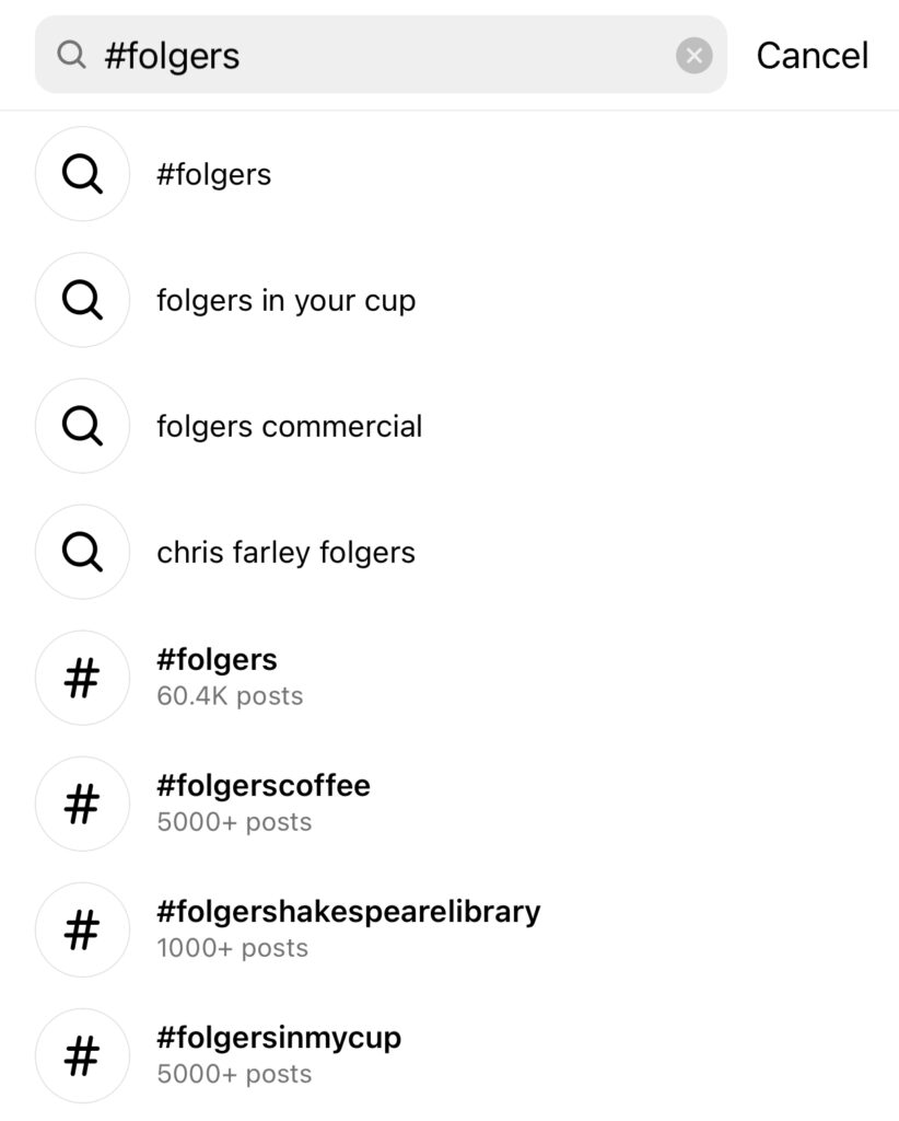 Instagram的搜索界面显示了当你搜索标签文件夹时出现的各种标签，包括文件夹、文件夹咖啡、文件夹莎士比亚图书馆和文件夹在我的杯子里。