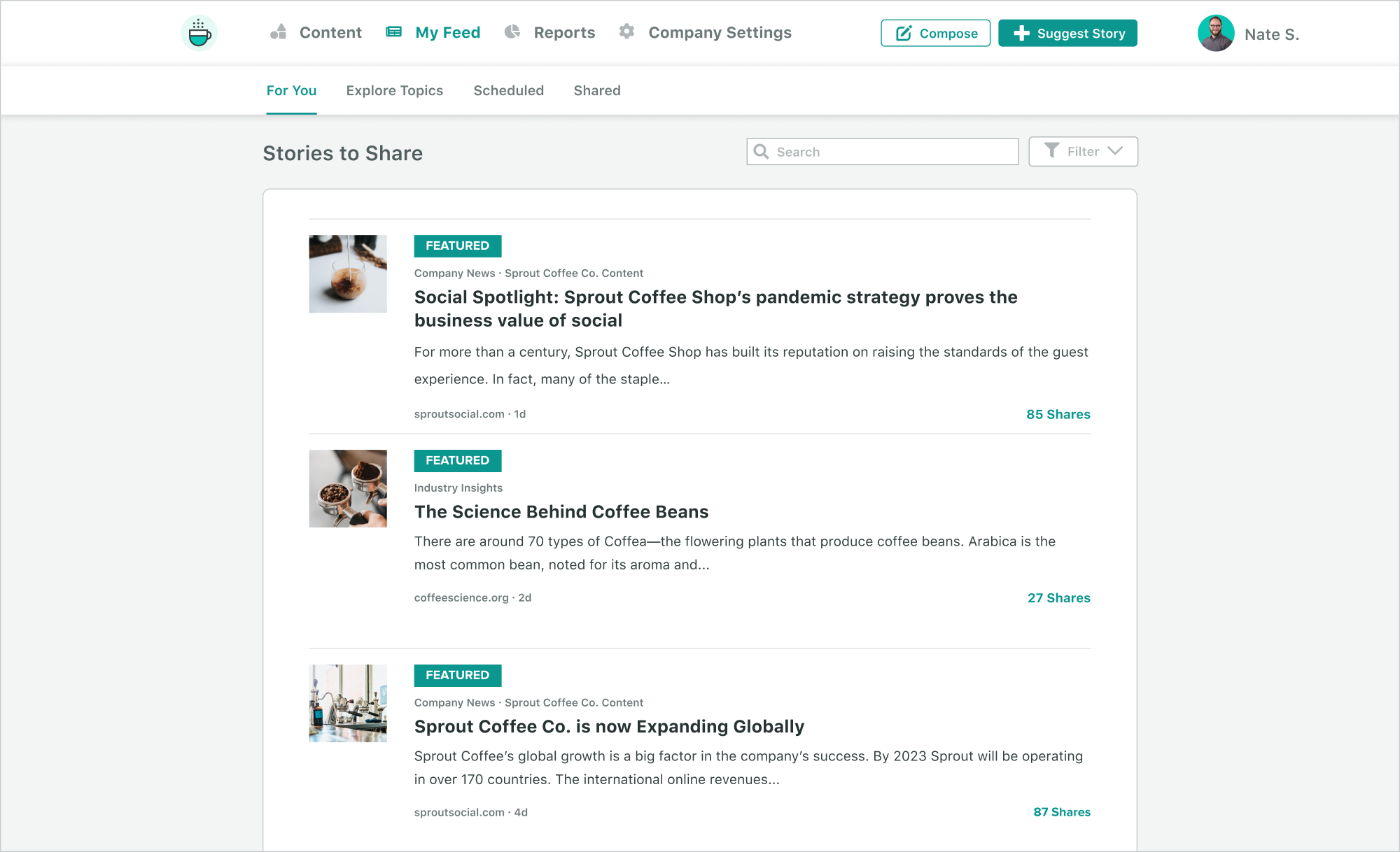 Die Mitarbeiter-Advocacy-Lösungen von Sprout Social zeigen Ihnen, wie Sie Geschichten zum Teilen finden und erstellen, wobei Inline-Kennzahlen und Berichte verfügbar sind.