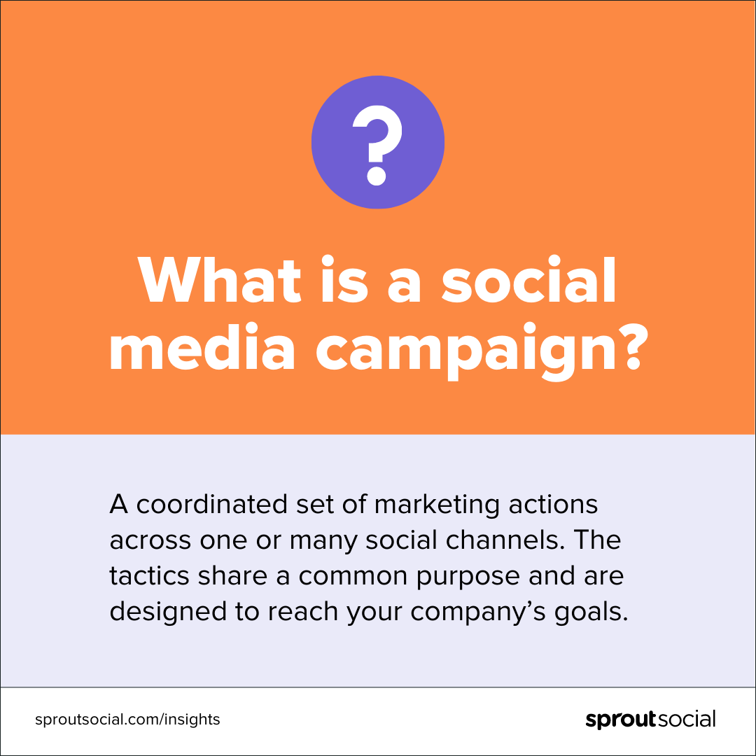 一个橙色和紫色的文字图形，上面写着:什么是社交媒体活动?爱游戏官网皇跨一个或多个社交渠道的一组协调的营销活动。这些策略都有一个共同的目的，旨在实现公司的目标。