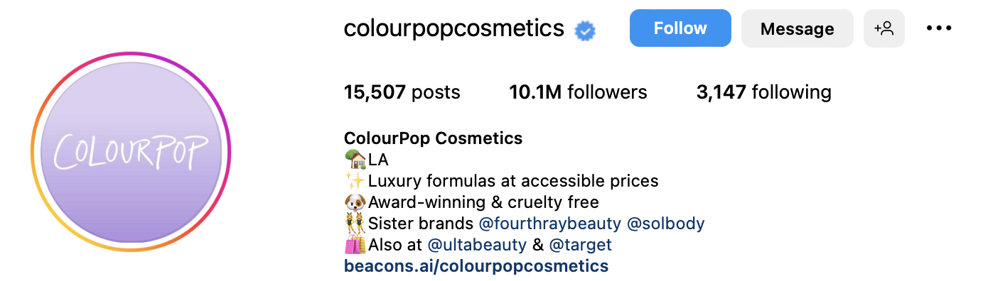 colorpop化妆品的instagram简介，带有自定义的Beacons链接
