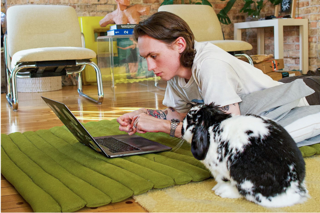A Sprout employee working on their laptop while stretching out on the ground with their furry rabbit friend.