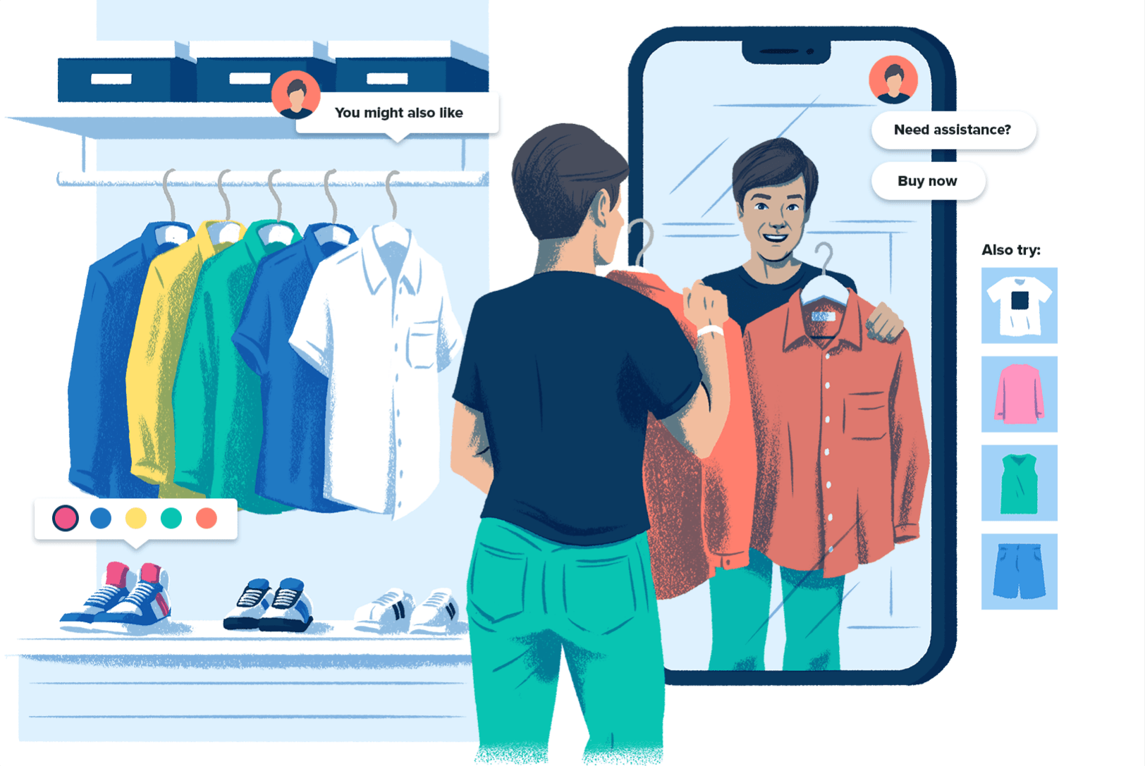 一个购物者站在店面里，手机形状的镜子和商品上的在线购物按钮，代表了你可以在社交媒体上购物的店内体验。