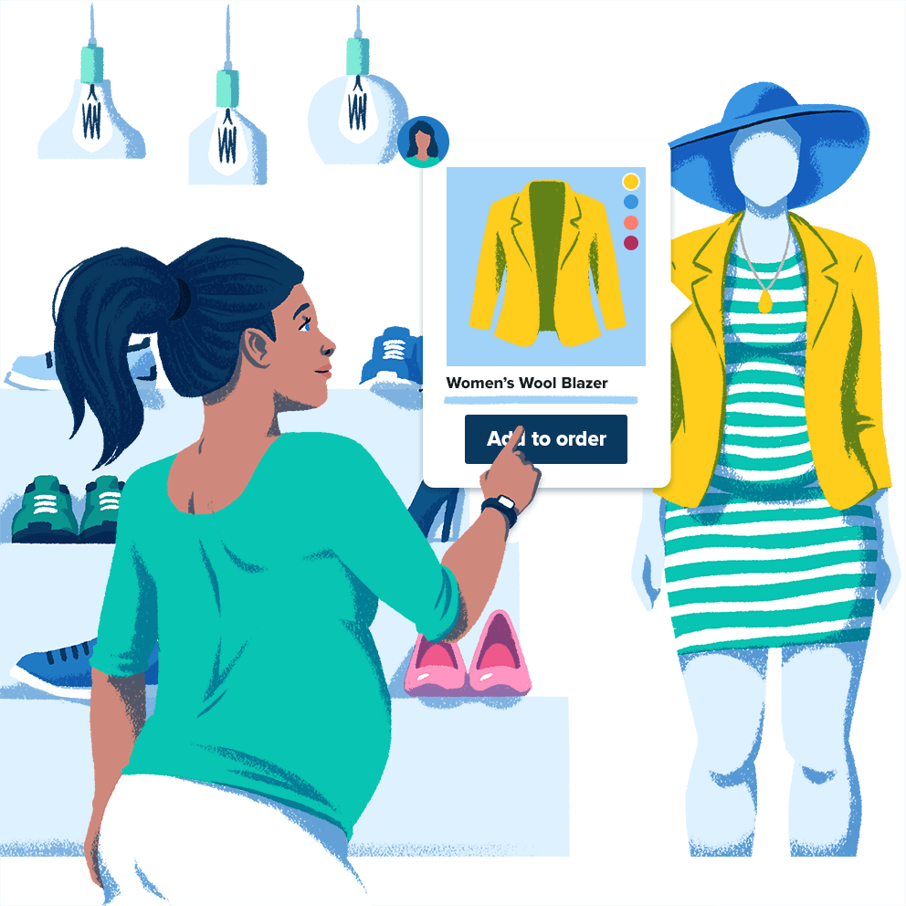 一个购物者在商店里按下添加订单按钮，她想从人体模型上买一件夹克。